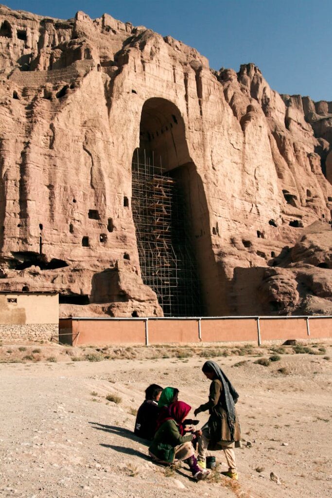 People in Front of the Buddhas of Bamiyan, Bamyan, Afghanistan